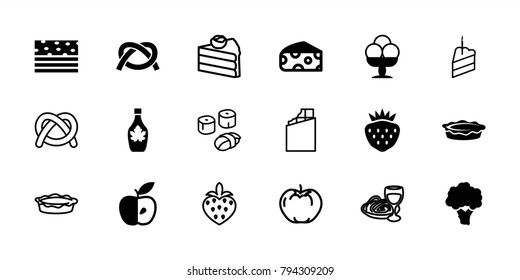 Delicious icons. set of 18 editable filled and outline delicious icons: cheese, maple syrup, pie, piece of cake, strawberry, apple, ice cream, chocolate, cake, pretzel