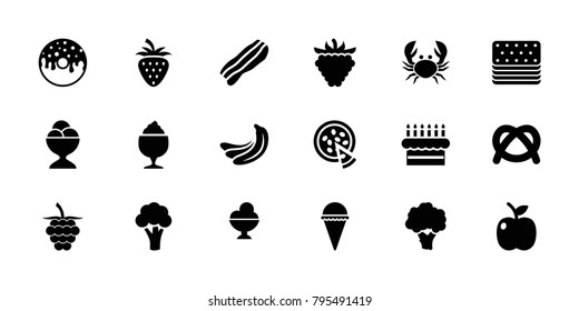 Delicious icons. set of 18 editable filled delicious icons: banana, cauliflower, pretzel, ice cream, donut, ice cream ball, milkshake, raspberry, pizza, bacon, apple, crab