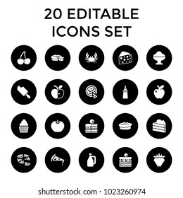 Delicious icons. set of 20 editable filled delicious icons such as apple, crab, ice cream, cake, ketchup, pizza, raspberry. best quality delicious elements in trendy style.