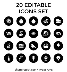 Delicious icons. set of 20 editable filled delicious icons such as cherry, cheese, cake, ice cream, pizza, ketchup. best quality delicious elements in trendy style.