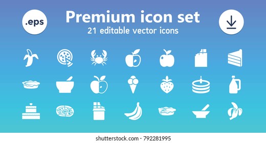 Delicious icons. set of 21 editable filled delicious icons includes bowl, chocolate, pizza, pie, apple, banana, strawberry, cake, ice cream, milk can