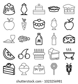 Delicious icons. set of 25 editable outline delicious icons such as milk can, cheese, crab, cherry, cake, milkshake, pie, apple, heart lock, watermelon, barbeque, ice cream