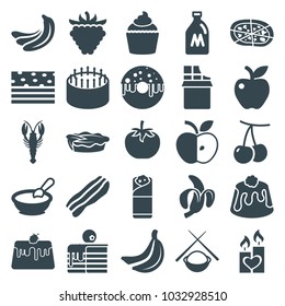 Delicious icons. set of 25 editable filled delicious icons such as milk can, cherry, banana, crab, porridge, cake, pizza, burrito, pie, muffin, piece of cake, apple, raspberry