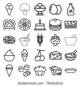 Delicious icons. set of 25 editable outline delicious icons such as milk can, egg, cherry, cheese, crab, porridge, cake with one candle, ice cream, pretzel, cake, milkshake