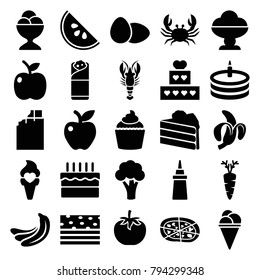 Delicious icons. set of 25 editable filled delicious icons such as banana, cauliflower, crab, chocolate, ice cream, cake, ketchup, ice cream ball, pizza, burrito, muffin