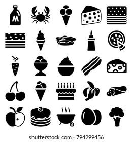 Delicious icons. set of 25 editable filled delicious icons such as milk can, egg, cauliflower, cheese, wrap sandwich, ice cream, ketchup, cake, ice cream ball, milkshake, pie