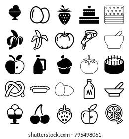 Delicious icons. set of 25 editable filled and outline delicious icons such as cake, muffin, ice cream, bowl, milk can, egg, apple, pretzel, pizza, banana, strawberry, pie