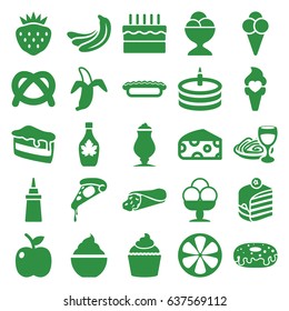Delicious icons set. set of 25 delicious filled icons such as banana, cheese, wrap sandwich, piece of cake, pizza, ketchup, donut, ice cream ball, maple syrup, milkshake