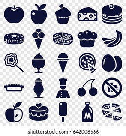 Delicious icons set. set of 25 delicious filled icons such as milk can, egg, banana, apple, cheese, cherry, ice cream, cake, donut, pizza, milkshake, lollipop, muffin