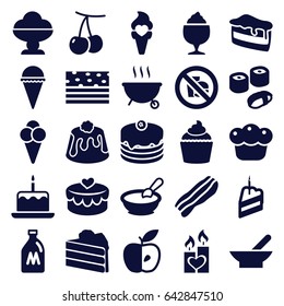 Delicious icons set. set of 25 delicious filled icons such as bowl, milk can, cherry, porridge, cake with one candle, piece of cake, ice cream, cake, milkshake, pie, muffin