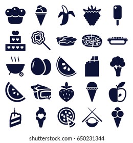 Delicious icons set. set of 25 delicious filled icons such as egg, cauliflower, ice cream, pizza, pie, lollipop, raspberry, apple, banana, strawberry, piece of cake