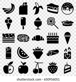 Delicious icons set. set of 25 delicious filled icons such as cherry, banana, wrap sandwich, piece of cake, ice cream, donut, milkshake, pizza, burrito, croissant, pie