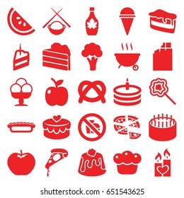 Delicious icons set. set of 25 delicious filled icons such as apple, cauliflower, cake, piece of cake, pizza, ice cream, maple syrup, pie, lollipop, heart lock, candle heart