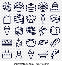 Delicious icons set. set of 25 delicious outline icons such as bowl, egg, apple, wrap sandwich, piece of cake, pizza, ice cream, donut, carrot, lemon, banana, cake, pie, chef