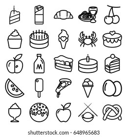 Delicious icons set. set of 25 delicious outline icons such as crab, milk can, egg, cherry, piece of cake, pizza, ice cream, donut, milkshake, burrito, croissant, muffin