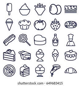 Delicious icons set. set of 25 delicious outline icons such as egg, apple, pizza, ice cream, piece of cake, donut, ice cream ball, maple syrup, milkshake, croissant, pie
