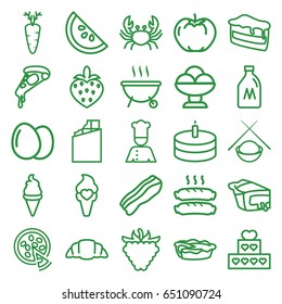 Delicious icons set. set of 25 delicious outline icons such as crab, milk can, egg, apple, piece of cake, pizza, ice cream, croissant, pie, raspberry, carrot, strawberry, cake