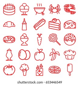 Delicious icons set. set of 25 delicious outline icons such as crab, egg, apple, cauliflower, cheese, ketchup, donut, pizza, ice cream ball, milkshake, croissant, lollipop