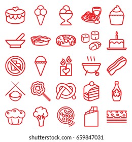 Delicious icons set. set of 25 delicious outline icons such as bowl, cauliflower, cake with one candle, ice cream, piece of cake, donut, ice cream ball, maple syrup, pie