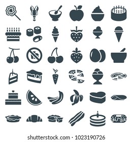 Delicious icons. set of 36 editable filled delicious icons such as egg, cherry, banana, cake, piece of cake, ice cream, pizza, ice cream ball, milkshake, croissant, pie