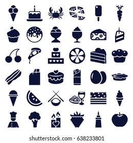 Delicious icons set. set of 36 delicious filled icons such as egg, apple, cauliflower, cheese, crab, cake with one candle, cherry, pizza, ice cream, ketchup, donut