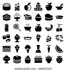 Delicious icons set. set of 36 delicious filled icons such as bowl, cherry, banana, cauliflower, cake, ice cream, pizza, ice cream ball, milkshake, burrito, pie, muffin