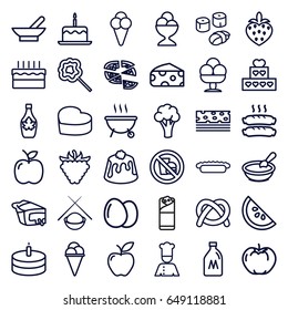 Delicious icons set. set of 36 delicious outline icons such as bowl, milk can, egg, apple, cauliflower, cheese, porridge, cake with one candle, ice cream, pizza