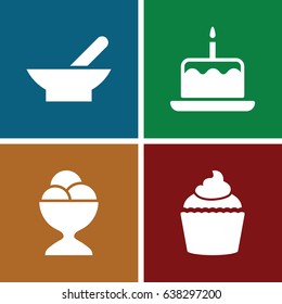 Delicious icons set. set of 4 delicious filled icons such as bowl, cake with one candle, ice cream ball