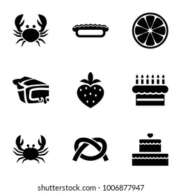 Delicious icons. set of 9 editable filled delicious icons such as crab, pie, strawberry, cake, pretzel