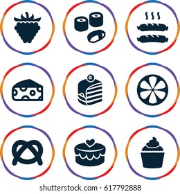 Delicious Icons Set. Set Of 9 Delicious Filled Icons Such As Cheese, Piece Of Cake, Muffin, Raspberry, Lemon, Heart Lock, Sausage, Sushi