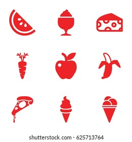 Delicious icons set. set of 9 delicious filled icons such as cheese, pizza, ice cream, milkshake, apple, carrot, banana