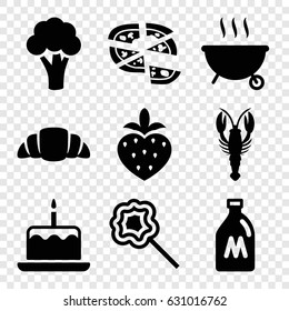 Delicious icons set. set of 9 delicious filled icons such as milk can, cauliflower, crab, cake with one candle, pizza, croissant, lollipop, strawberry