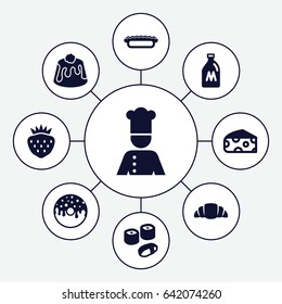 Delicious icons set. set of 9 delicious filled icons such as milk can, cheese, donut, croissant, pie, strawberry, chef