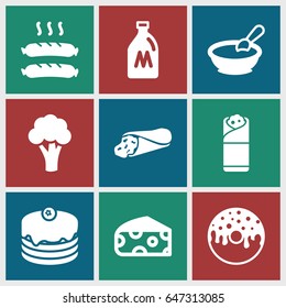 Delicious icons set. set of 9 delicious filled icons such as milk can, cauliflower, cheese, porridge, wrap sandwich, cake, donut, burrito