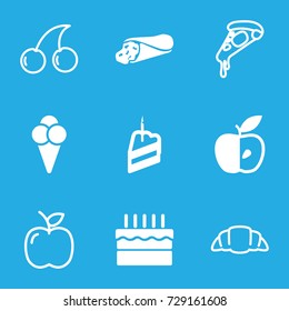 Delicious icons set. set of 9 delicious filled and outline icons such as wrap sandwich, apple, cake, piece of cake, ice cream, cherry, pizza