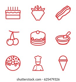 Delicious icons set. set of 9 delicious outline icons such as cherry, porridge, ice cream, cake, donut, raspberry, chef
