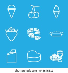 Delicious icons set. set of 9 delicious outline icons such as cherry, ice cream, pizza, pasta and wine glass, raspberry, heart cake, pie