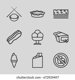 Delicious icons set. set of 9 delicious outline icons such as ice cream, pie, bacon, asian food, no fast food, chocolate