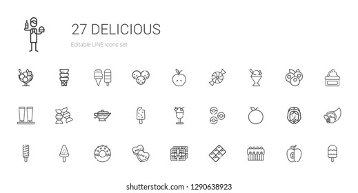 delicious icons set. Collection of delicious with cake, chocolate, candy, donut, popsicle, tangerine, donuts, ice cream, sauce, cream, sorbet. Editable and scalable delicious icons.