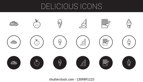 delicious icons set. Collection of delicious with cake, apple, ice cream, chocolate. Editable and scalable delicious icons.