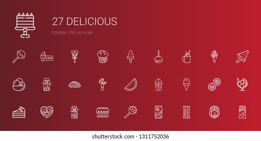 delicious icons set. Collection of delicious with candy, chocolate, cake pop, cake, cookies, chocolate box, piece of cake, ice cream, smoothie. Editable and scalable delicious icons.