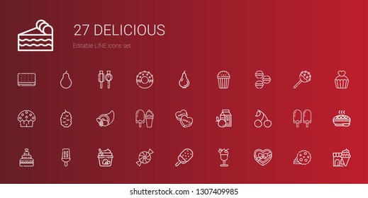 delicious icons set. Collection of delicious with chocolate box, ice cream, candy, popsicle, wedding cake, cherry, breakfast, cornucopia. Editable and scalable delicious icons.
