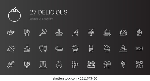 delicious icons set. Collection of delicious with ice cream, donuts, apple, cream, candy, chocolate, muffin, cupcake, cookie, cake slice. Editable and scalable delicious icons.