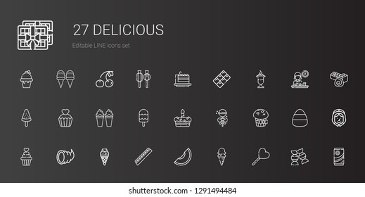 delicious icons set. Collection of delicious with lollipop, ice cream, melon, chocolate, cornucopia, cupcake, muffin, cake, popsicle, cake slice. Editable and scalable delicious icons.