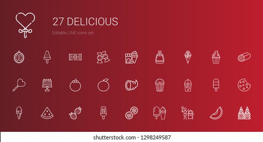 delicious icons set. Collection of delicious with pizza, ice cream, biscuit, popsicle, strawberry, watermelon, smoothie, popcorn, cornucopia. Editable and scalable delicious icons.