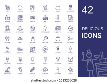 delicious icons set. Collection of delicious with pizza, tangerine, candy, popcorn, chocolate, tandoor, ice cream, sweets, pie, popsicle. Editable and scalable delicious icons.