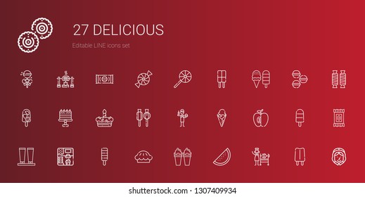 delicious icons set. Collection of delicious with rotisserie, watermelon, ice cream, pie, popsicle, cream, apple, burguer, lollipop, cake. Editable and scalable delicious icons.