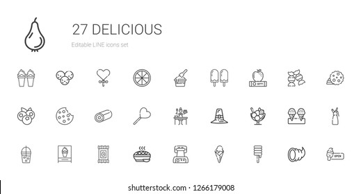 delicious icons set. Collection of delicious with sweet, ice cream, waffle iron, pie, candy, smoothie, pilgrim, sauce, lollipop, cookie. Editable and scalable delicious icons.