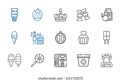 delicious icons set. Collection of delicious with waffle iron, ice cream, lollipop, cupcake, chestnut, sauce, breakfast, candy, cake, strawberry. Editable and scalable delicious icons.