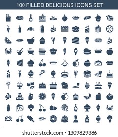 delicious icons. Trendy 100 delicious icons. Contain icons such as cauliflower, milkshake, milk can, chef, pie, donut, pizza, ice cream, Cherry. delicious icon for web and mobile.